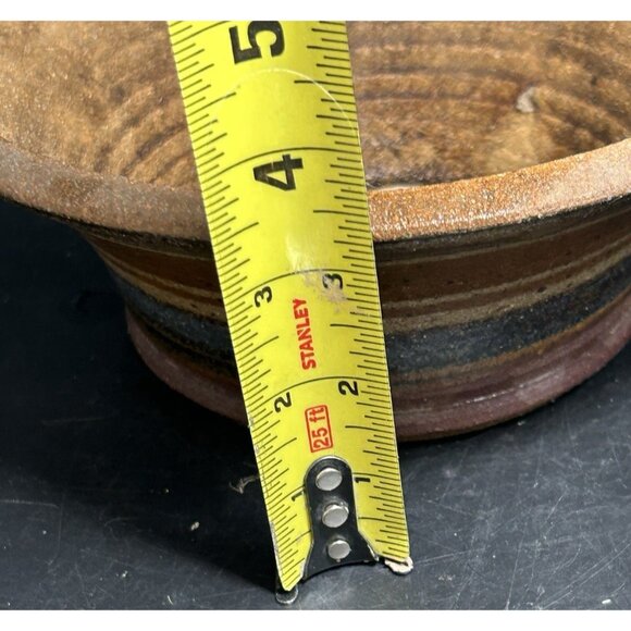 Vintage 1970s Hand Thrown Stoneware Stripe Earth-tone Planter Pot Bowl 9" x 3.5" - Picture 8 of 9